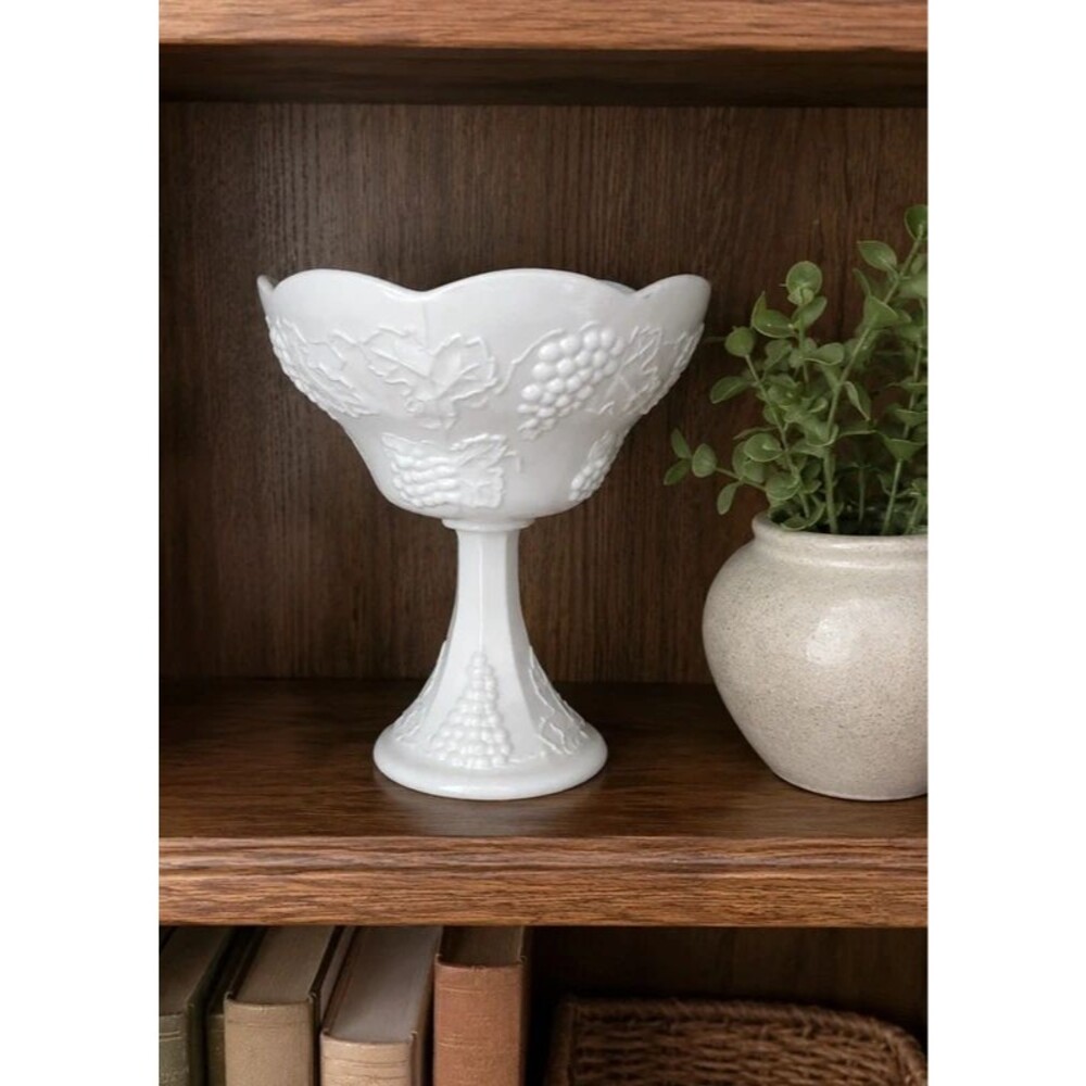 Vintage Indiana Glass Harvest Grape Milk Glass Pedestal Compote 8.5"
